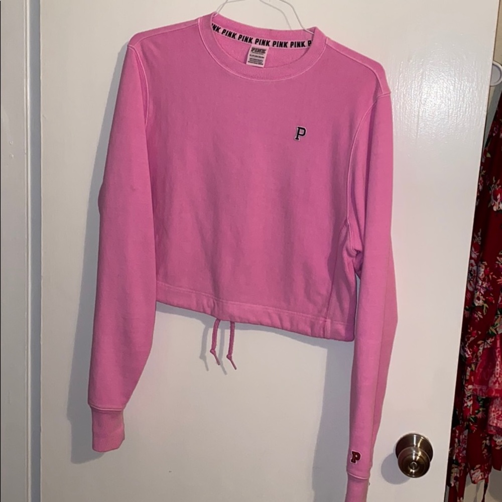 Pink cropped collegiate crew neck sweatshirt